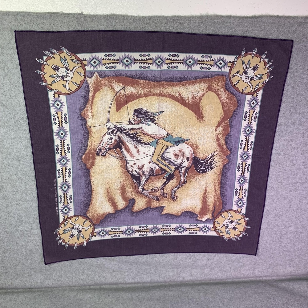 VTG Western Cowboy Horse Bandana Scarf Mens OS 21x21 Brown Native Print Made USA
